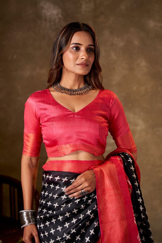 Black Cotton Printed Saree and Stitched Pink Blouse