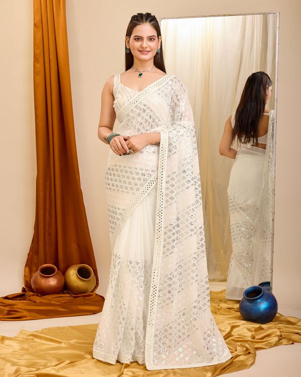 Cream Designer Sequance Embroidery Work Georgette Saree