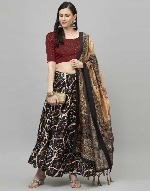 Digital Print Satin Silk Fabric Stitched Lehenga Choli With Jequared Blouse and Assami Silk Thread Work Dupatta For Women and Girls In Festive Party And Traditional Wear