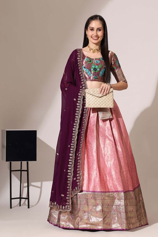 Light Pink Jacquard Jacquard Work Lehenga