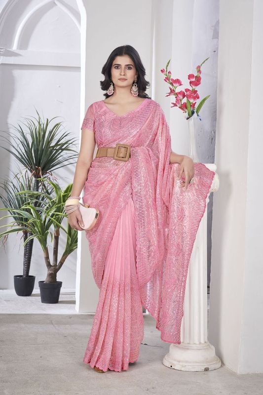 Pink Multy Thread & Sequance Embroidery Cut Work Tissue Net Saree