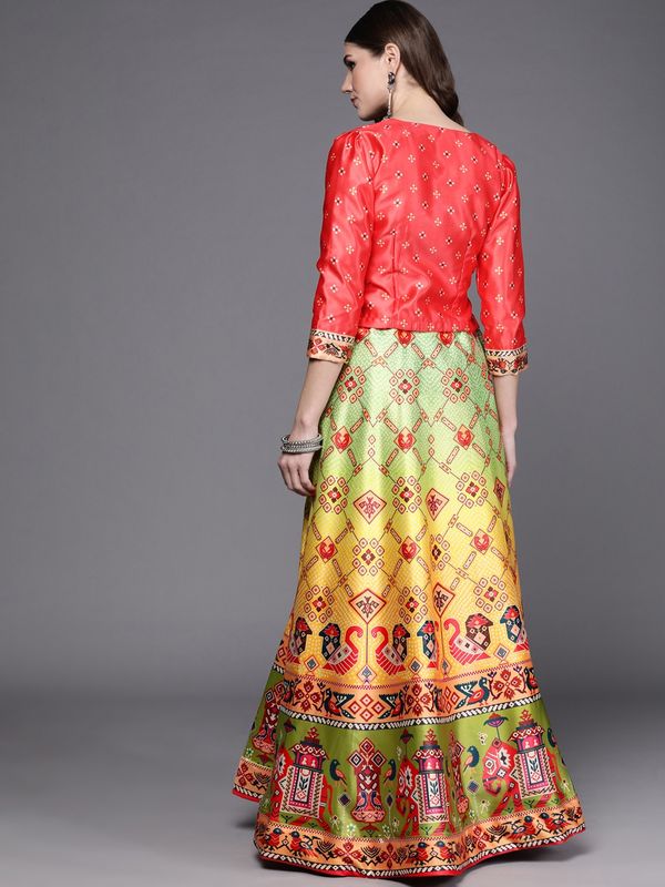 Ethnic Motifs Digital Print Shiney Satin Croptop Lehenga Choli With Blouse For Women and Girls