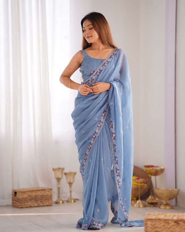 Sky Blue Pixel Silk Thread And Sequins Embroidery Work Partywear Girlie Saree