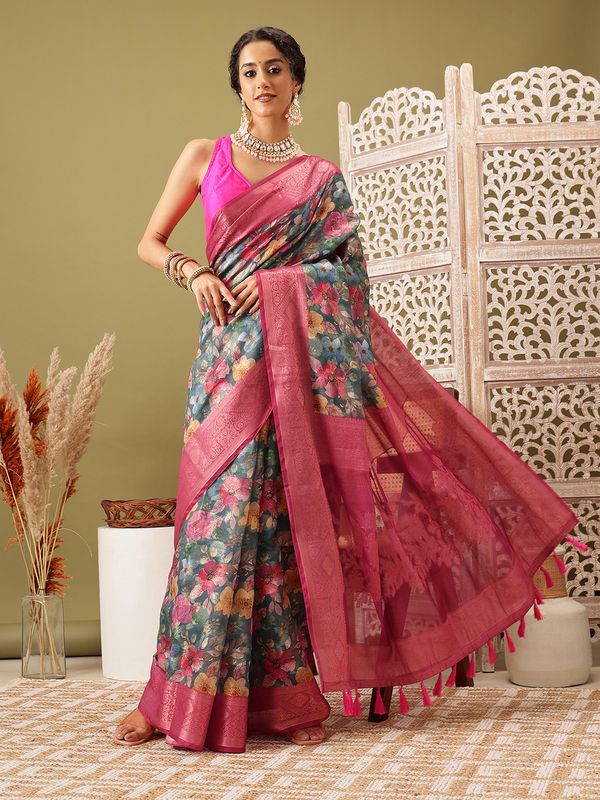 Teal Digital Printed Banarasi Cotton Zari Woven Saree