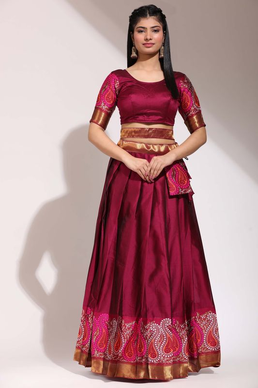 Maroon Lichi Silk Jacquard Work Lehenga