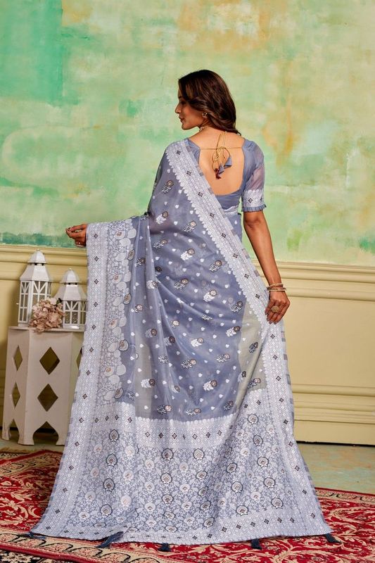 Grey Cotton Woven Saree With Tassels on Pallu and Stitched Grey Blouse