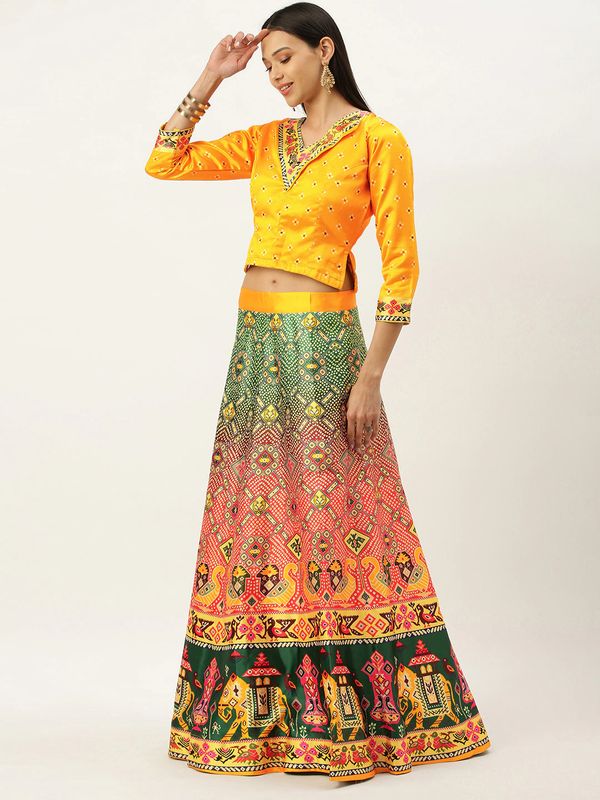 Ethnic Motifs Digital Print Shiney Satin Croptop Lehenga Choli With Blouse For Women and Girls