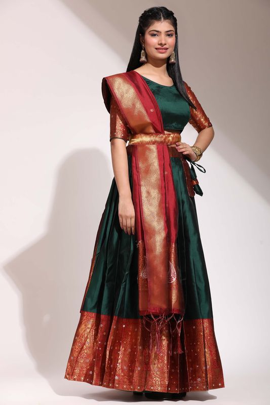Deep Green Lichi Silk Jacquard Work Lehenga