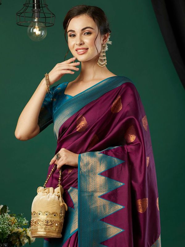 Wine Wevon Jari Designer Banarasi Silk Saree
