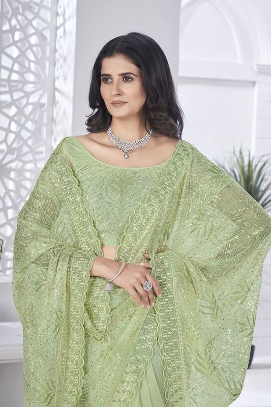 Green Multy Thread & Sequance Embroidery Cut Work Tissue Net Saree