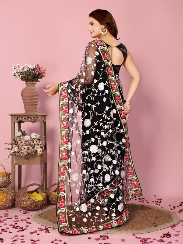 Black Multy Thread Embroidery Work Soft Net Saree