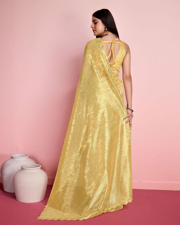 Yellow Thread & Sequance Embroidery Work Silver Twill Net Saree