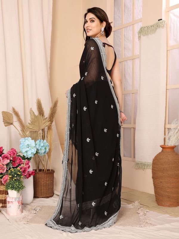 Black Sequance Embroidery Work Zomato Chiffon Saree