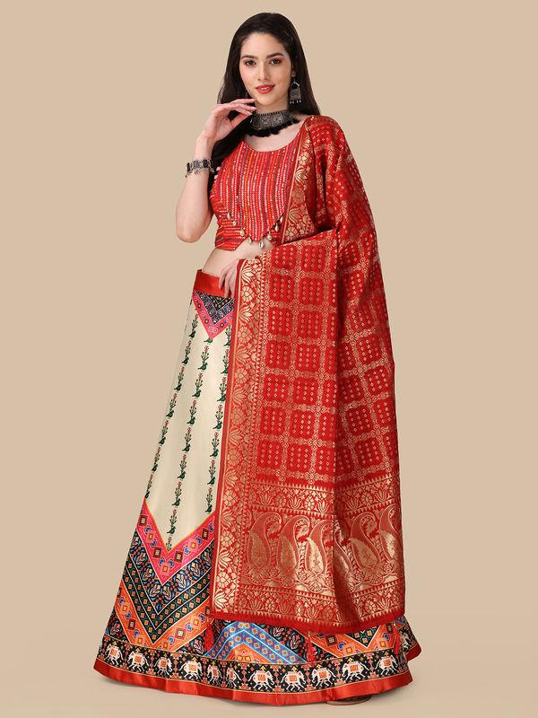 Digital Print Satin Silk Fabric Stitched Lehenga Choli With Jequared Blouse and Assami Silk Thread Work Dupatta For Women and Girls In Festive Party And Traditional Wear