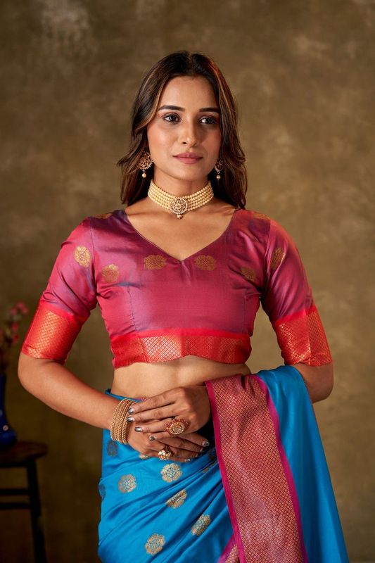 Blue Cotton Woven Saree and Stitched Pink Blouse