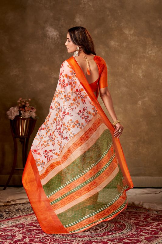 Orange Cotton Printed Saree and Stitched Orange Blouse