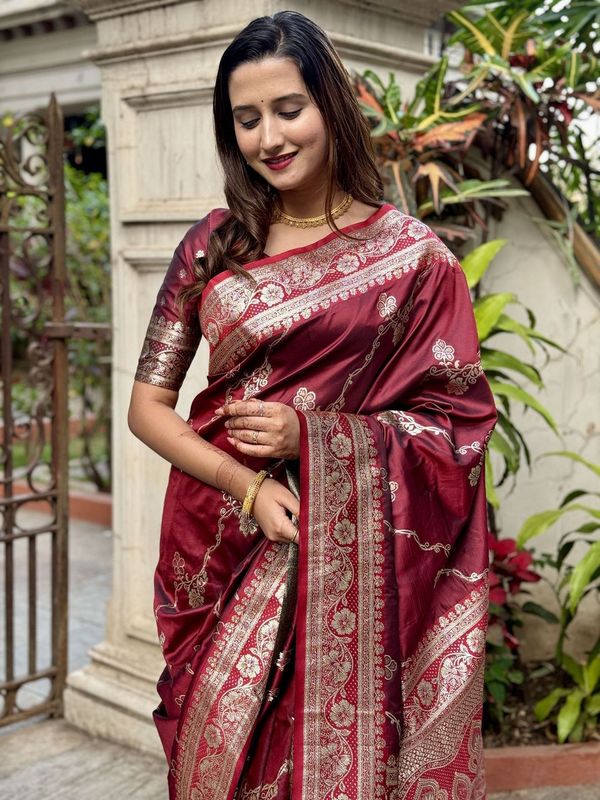 Maroon Wevon Jacquard Jari Designer Banarasi Silk Saree