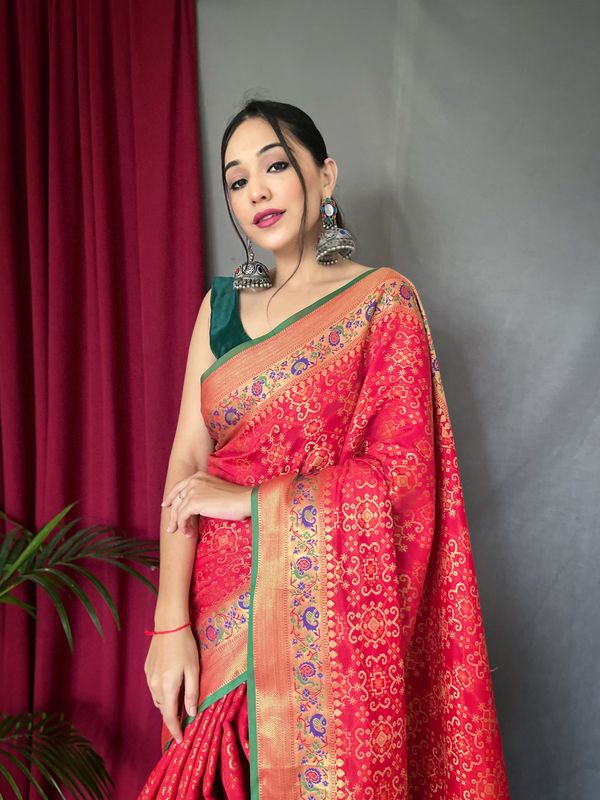 Red Weaving Jacquard Jari Designer Patola Silk Saree