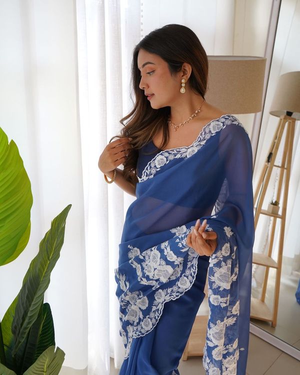 Blue Thread Embroidery & Cut Dana Work Thai Organza Silk Saree