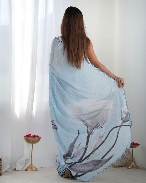 Sky Blue Designer Digital Printed & Mirror Cut Work Chinon Saree