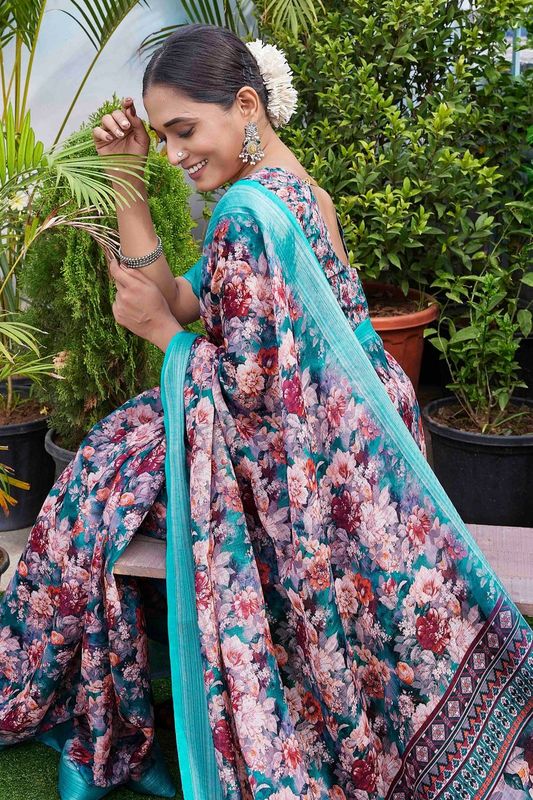 Multy Color Beautiful Fashinove Looks Smart Printed Linen Blend Saree