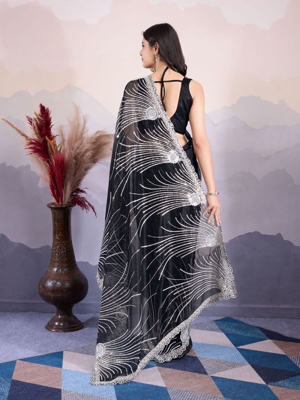 Black Designer Sequance Embroidery Work Twill Net Saree