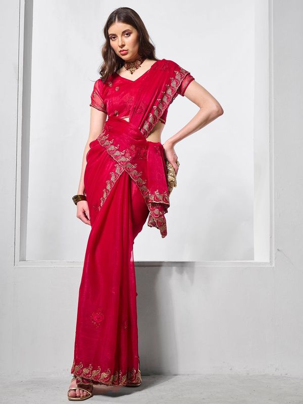Red Designer Embroidery Work Shimmer Chiffon Saree