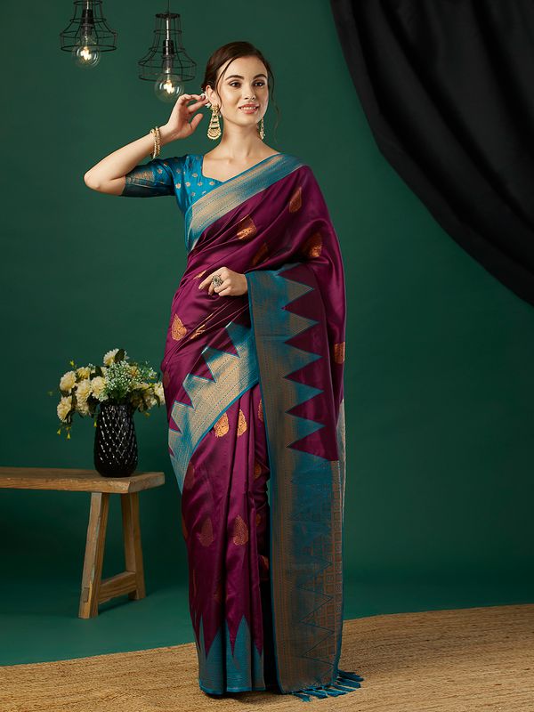 Wine Wevon Jari Designer Banarasi Silk Saree