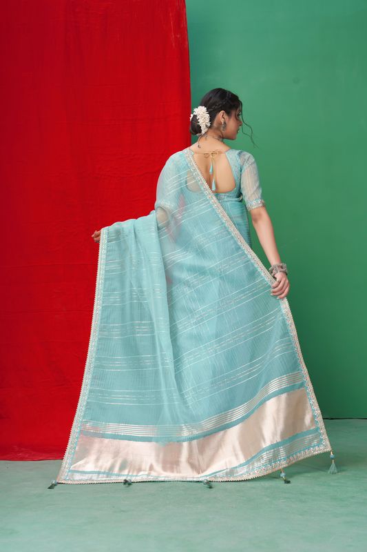 Sky Blue Wevon Lining Designer & Coding & Sequance & Gota Patti Embroidery Work Organza Saree