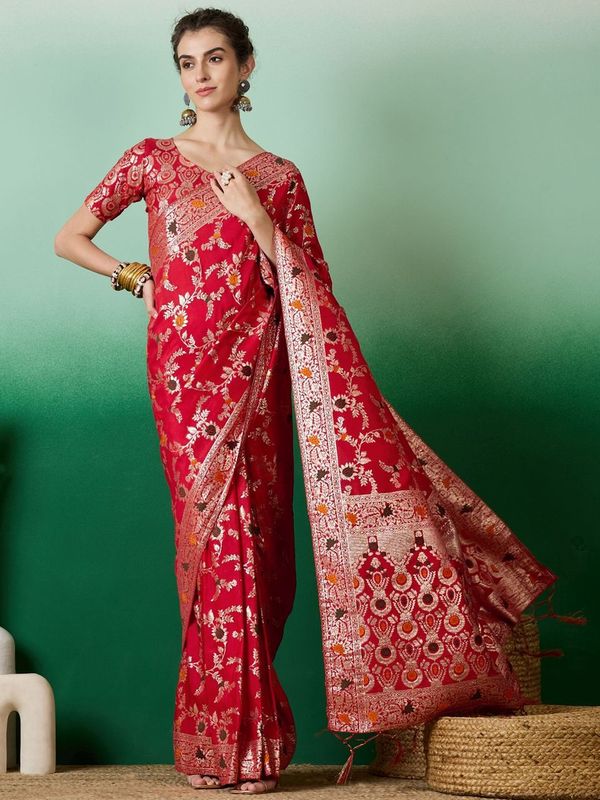 Red Wevon Meenakari Designer Staple Dola Cotton Saree