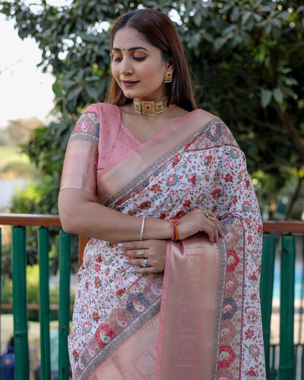 Peach Pashmina Wevon Designer Heavy Looks Saree With Digital Printed