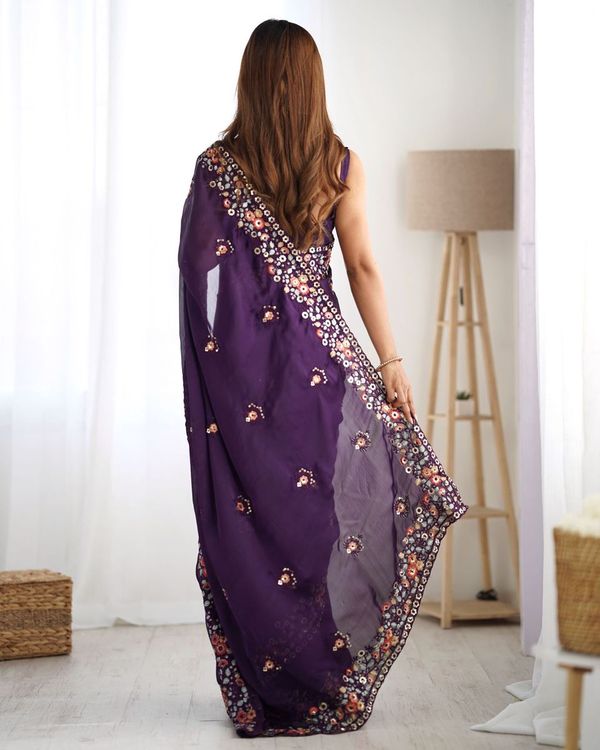Purple Multy Thread & Sequance Embroidery Work Satin Chiffon Saree