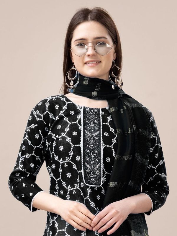 Black Color Rayon Fabric Designer Printed Readymade Suits With Smart Embroidery Work
