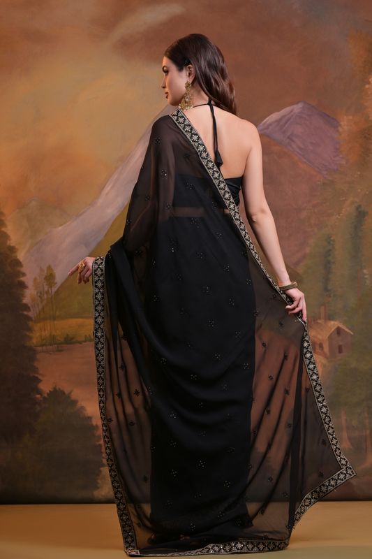 Black Sequance Butti Embroidery Work Georgette Saree
