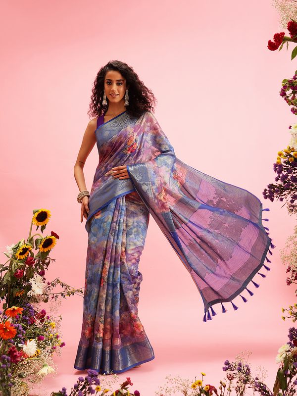Blue Digital Printed Banarasi Cotton Zari Woven Saree
