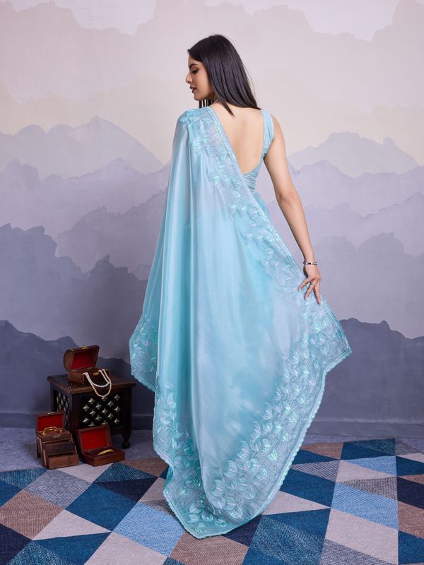Sky Blue Thread & Sequance Embroidery Work Jimmi Silk Saree