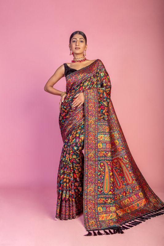 Black Handloom Wevon Designer Kashmiri Pashmina Saree