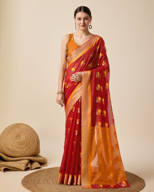 Red Weaving Designer Cotton Silk Saree