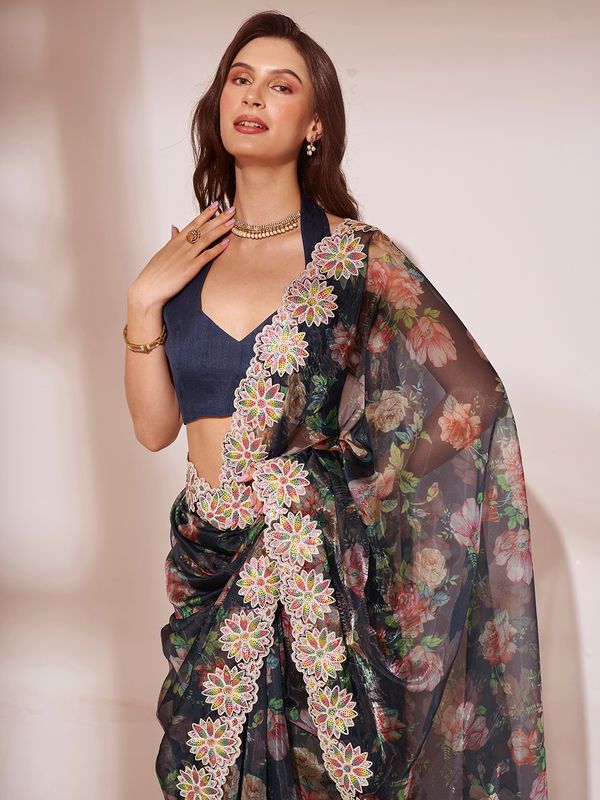 Black Designer Work Lace Border & Swarovski Work Jimmy Choo Saree