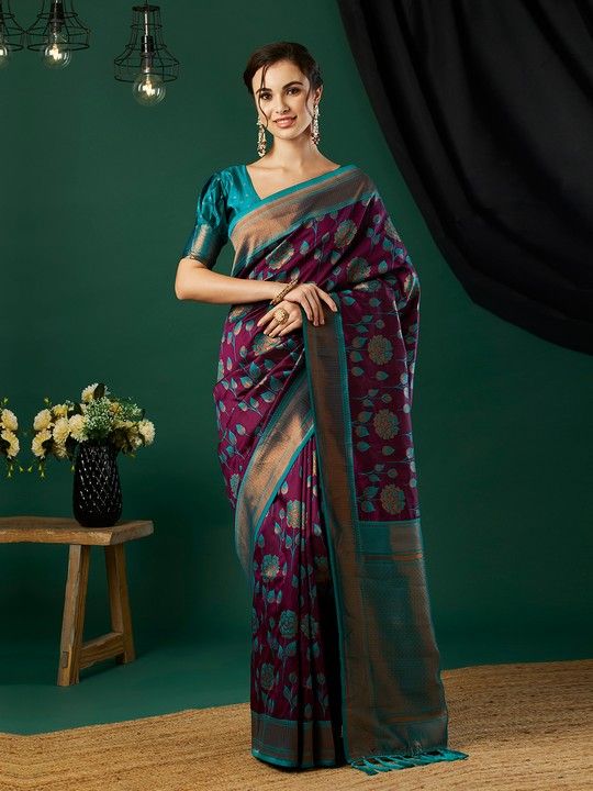Wine Banarasi Silk Woven Saree With Tassels on Pallu and Stitched Teal Blouse
