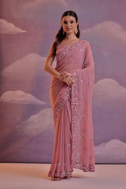Onion Designer Sequance Embroidery Work Georgette Saree