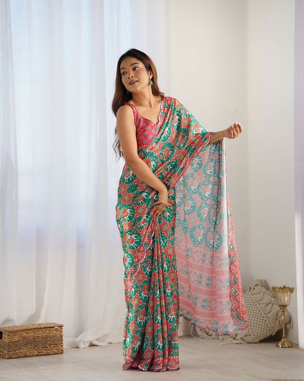 Green Designer Digital Printed & Mirror Cut Work Chinon Saree
