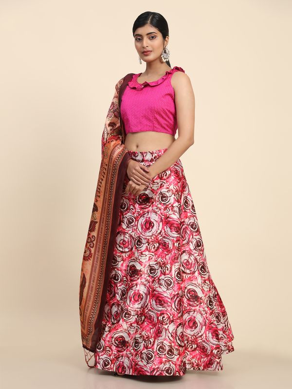 Digital Print Satin Silk Fabric Stitched Lehenga Choli With Jequared Blouse and Assami Silk Thread Work Dupatta For Women and Girls In Festive Party And Traditional Wear