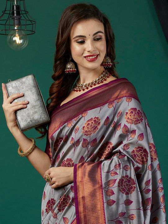 Dark Grey Banarasi Silk Woven Saree With Tassels on Pallu and Stitched Purple Blouse