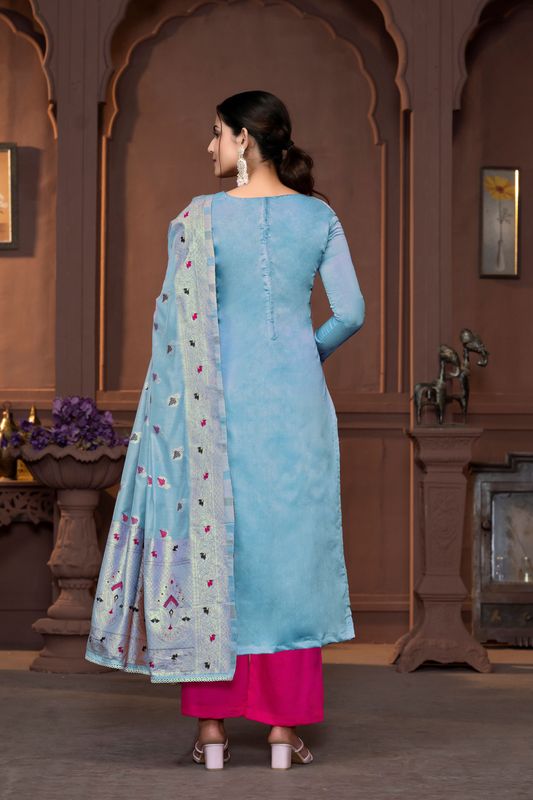 Blue Muslin Wevon Designer With Hand Work Ethnic Designer Salwar Kameez