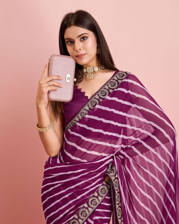 Purple Laheriya Printed & Embroidery Work Lace Border Georgette Saree