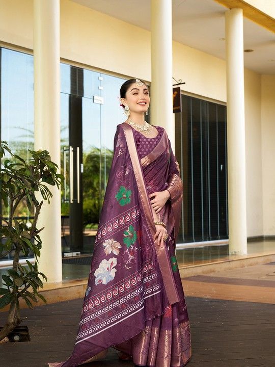 Wine Crepe Printed Saree and Stitched Wine Blouse