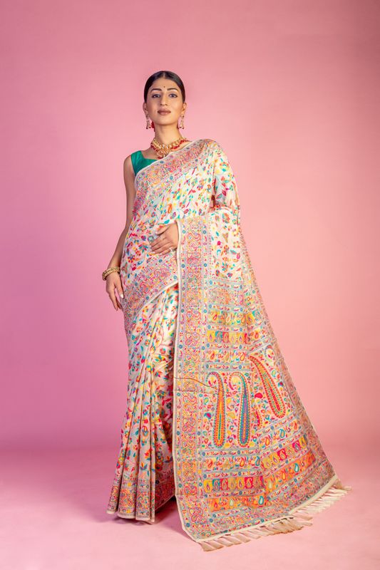 Cream Handloom Wevon Designer Kashmiri Pashmina Saree