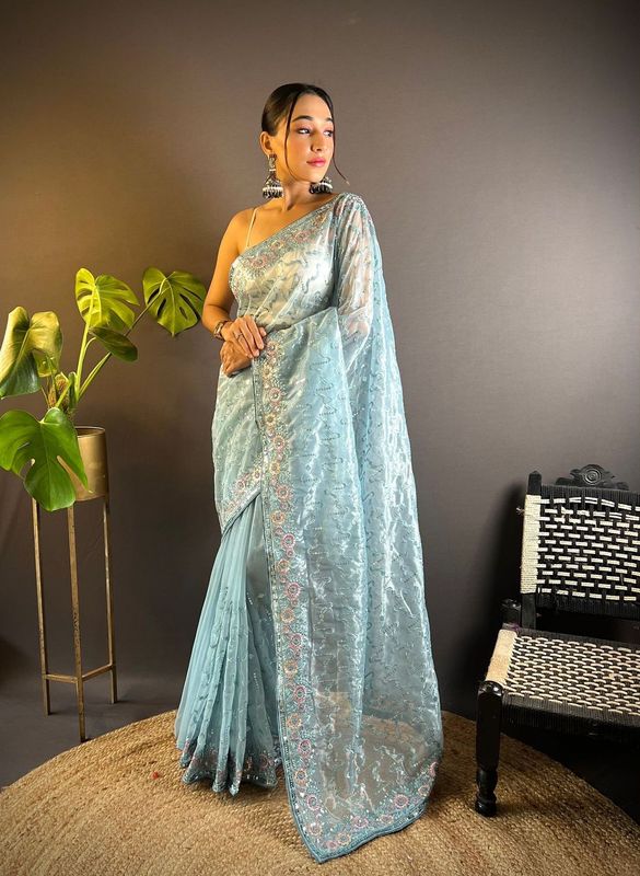 Grey Thread & Sequance Embroidery Work Twill Net Saree