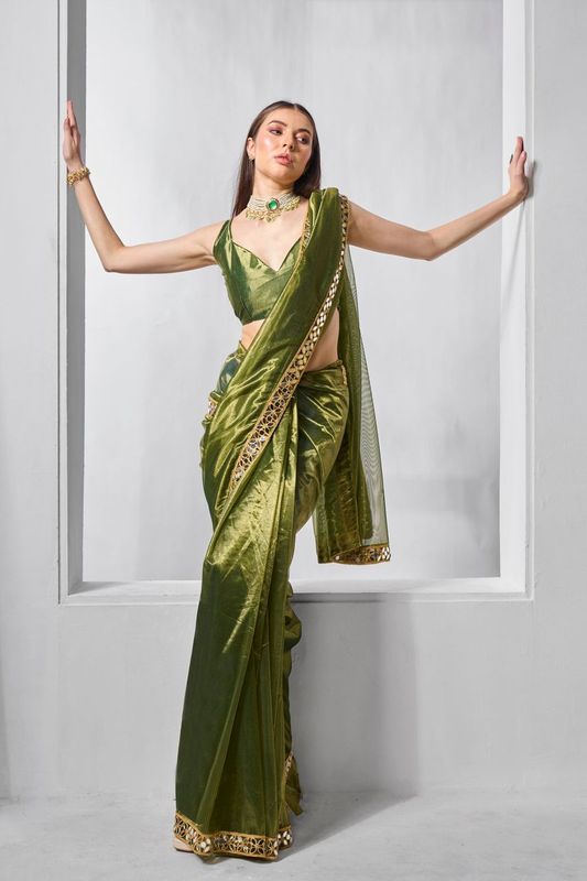 Green Solid & Gold Cotted Gold Tissue Net Saree